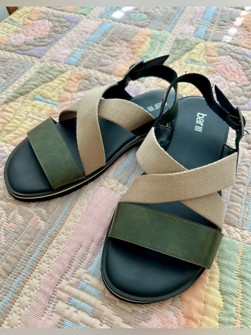 Bar III Olive Green and Tan Strappy Flat Sandals